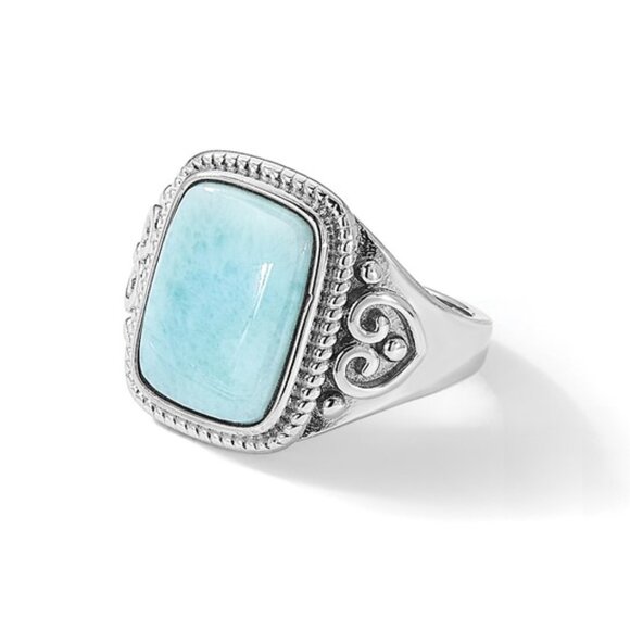 Sterling Silver Rhodium-Plated Oxidized Rectangular Larimar Ring – Filigree Desi - Picture 2 of 7
